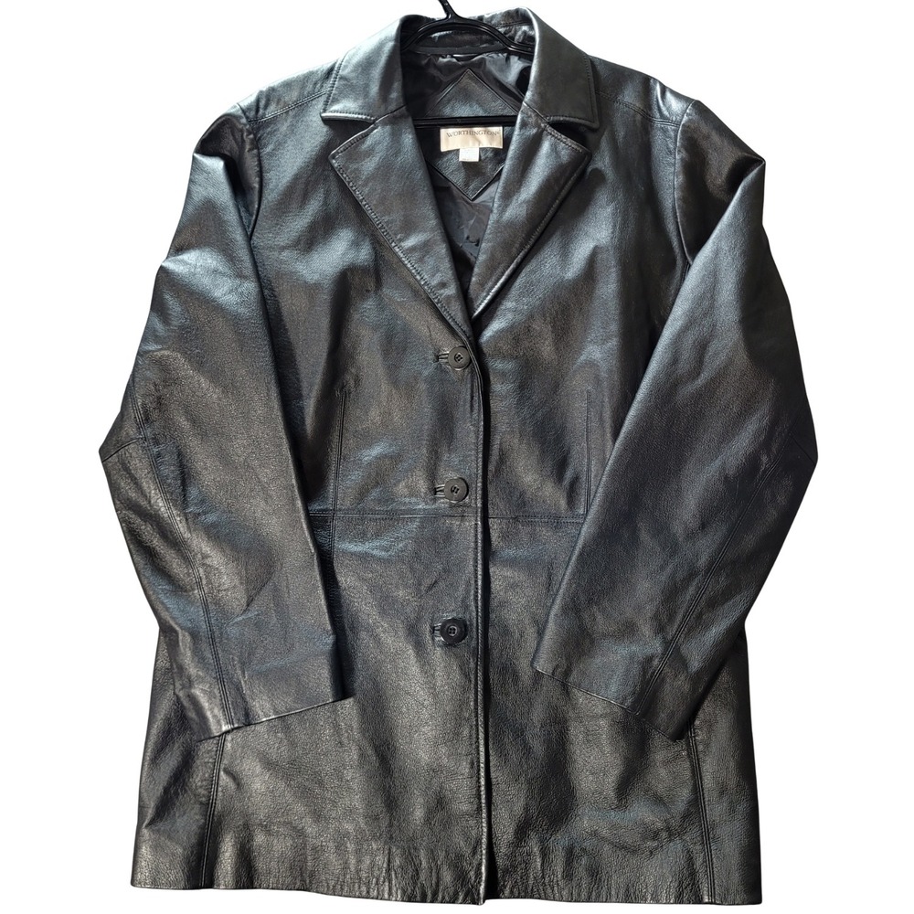 Worthington Womens XL Black Leather‎ Notch Lapel Collar Three-Button Jacket